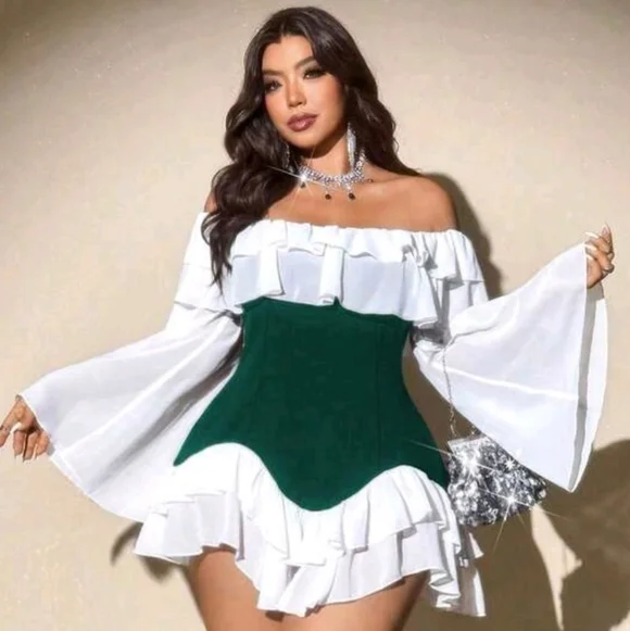 Shein Viva Relle 2XL Women's Elegant Romantic Sexy Green & White Ruffle Dress - Picture 1 of 7